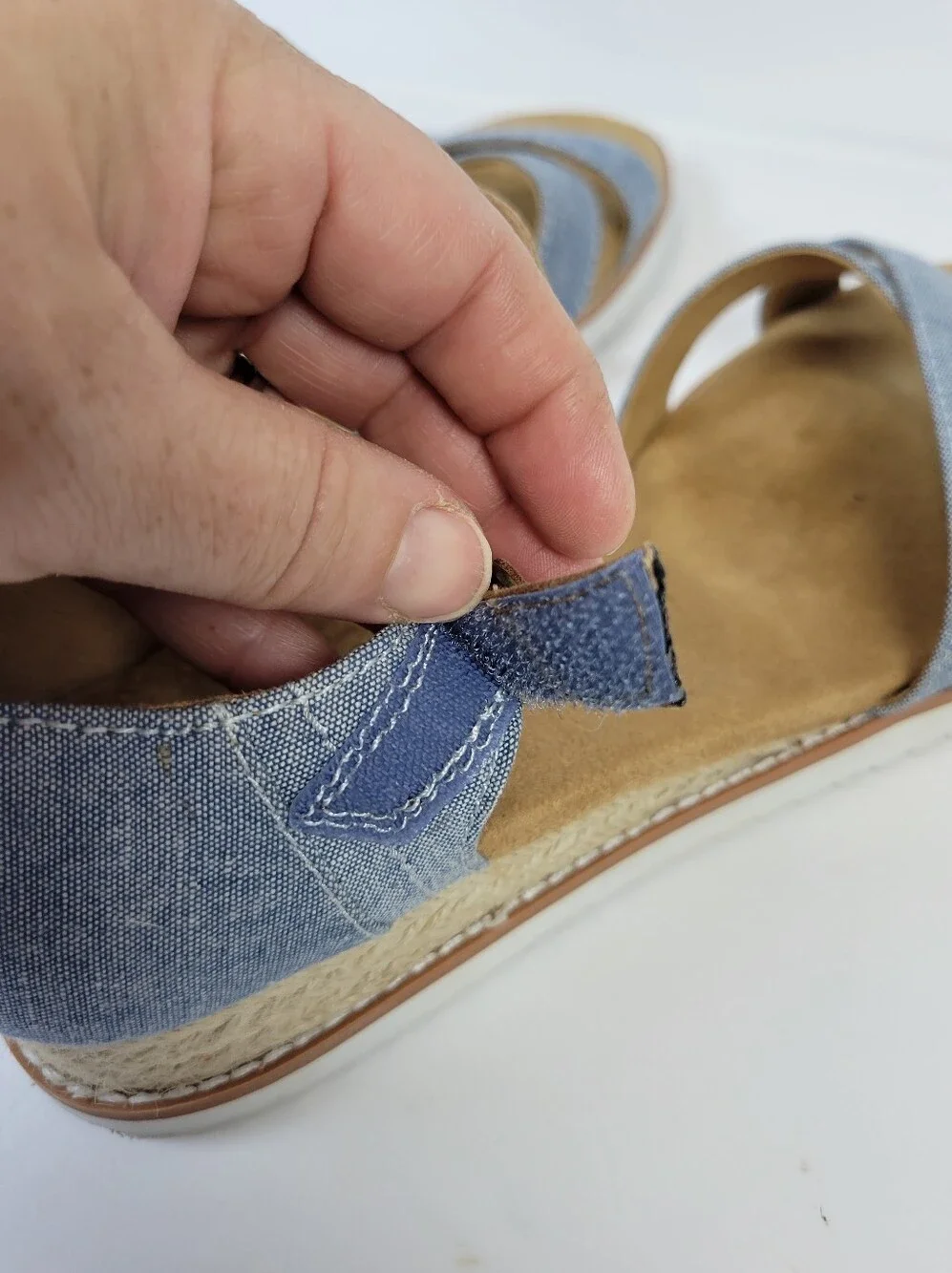 Sketchers Bob Denim Criss Cross Ankle Strap Espadrille Wedge Sandals Boho Chic